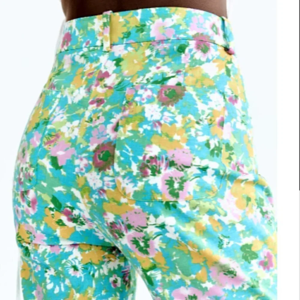 Zara NWT Printed Linen Blend Flared Trousers Green Blue Pink Floral Print Size 4